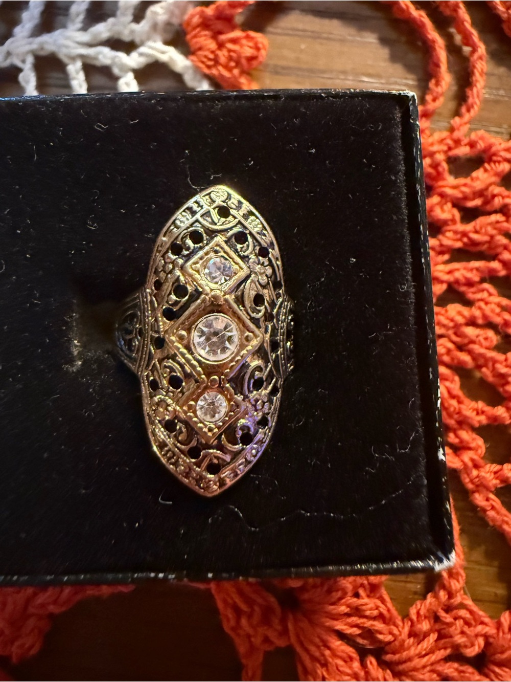 Vintage SETA Rhinestone Filigree Ring Size 8 Gold Tone Art Deco Revival